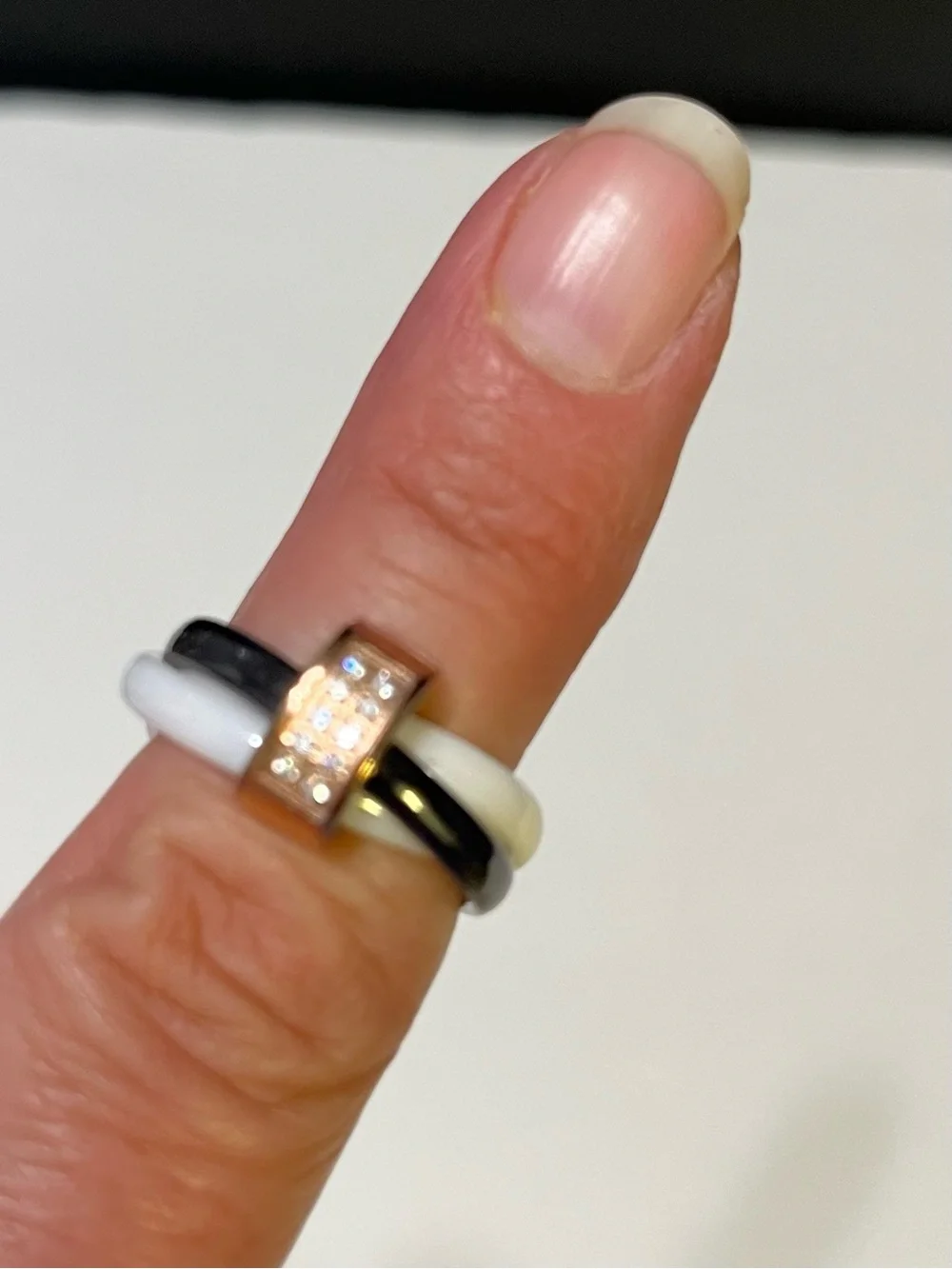 Black and White Ceramic Stack Ring with Rose Gold Accent